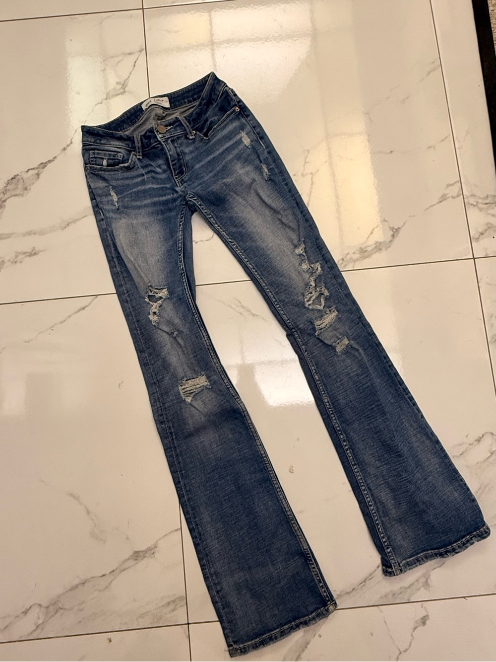 BKE Distressed Medium Blue Flare Jeans